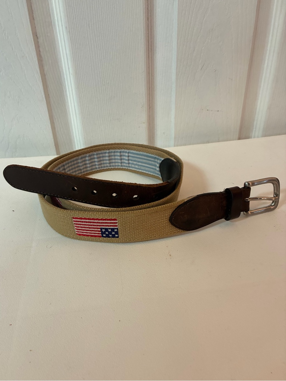 Men’s American Flag Canvas Club Belt Blue Seersucker Lining USA Size 38 Preppy